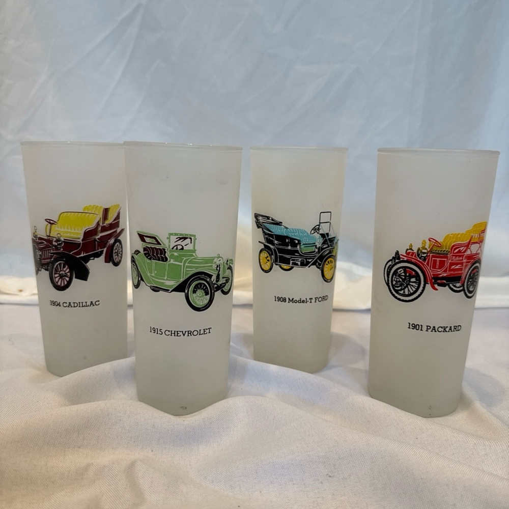 Vintage Car Drinking Glasses, Frosted Glass, Set of 4, Chevy, Ford, Cadillac…